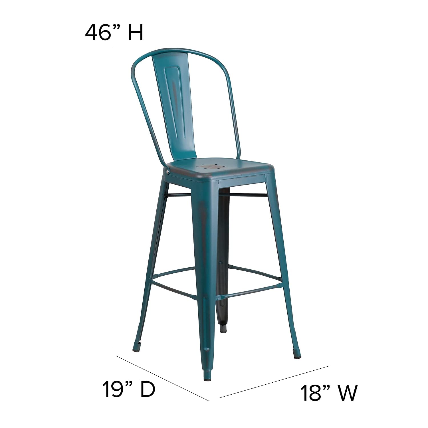 Flash Furniture Carly Commercial Grade 30&quot; High Kelly Blue-Teal Metal Indoor-Outdoor Bar Height Stool with Back and Teal-Blue Polystyrene Seat