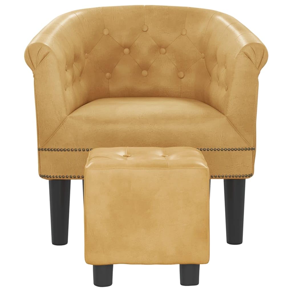 vidaXL Gold Faux Leather Tub Chair with Footstool for Living Room, Bedroom, Guest Room or Office - Easy-to-Clean, Durable and Comfortable Seating with Compact Design and Stylish Look
