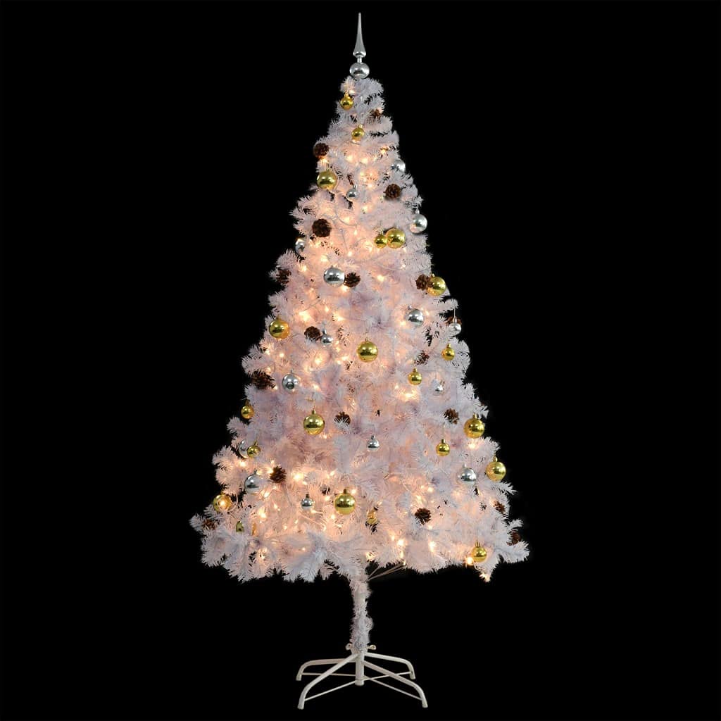 Vidaxl Artificial Christmas Tree With Baubles And Leds Holiday Home Living Room Office Garden Terrance Ornament Decor Xmas Decoration White 7 Ft