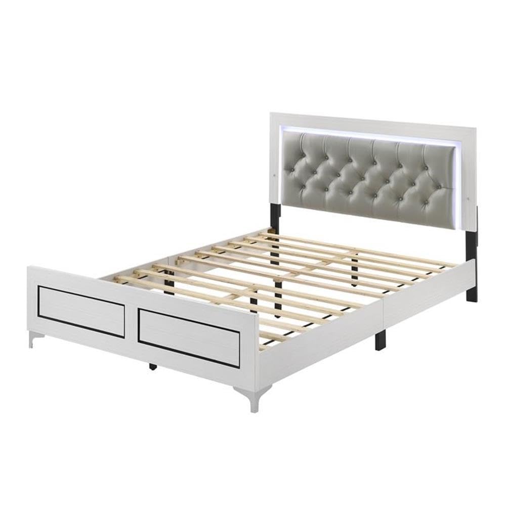 Acme Casilda Faux Leather Tufted Queen Bed with LED in Gray White
