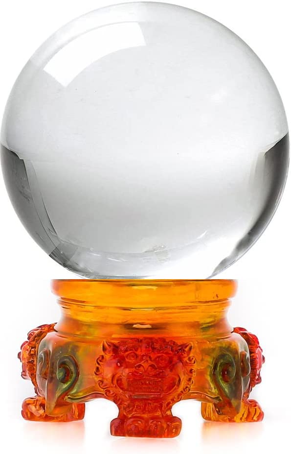 Amlong Crystal 3 inch (80mm) Clear Crystal Ball with Rainbow Lion Resin Stand and Gift Box for Decorative Ball, Lensball Photogr