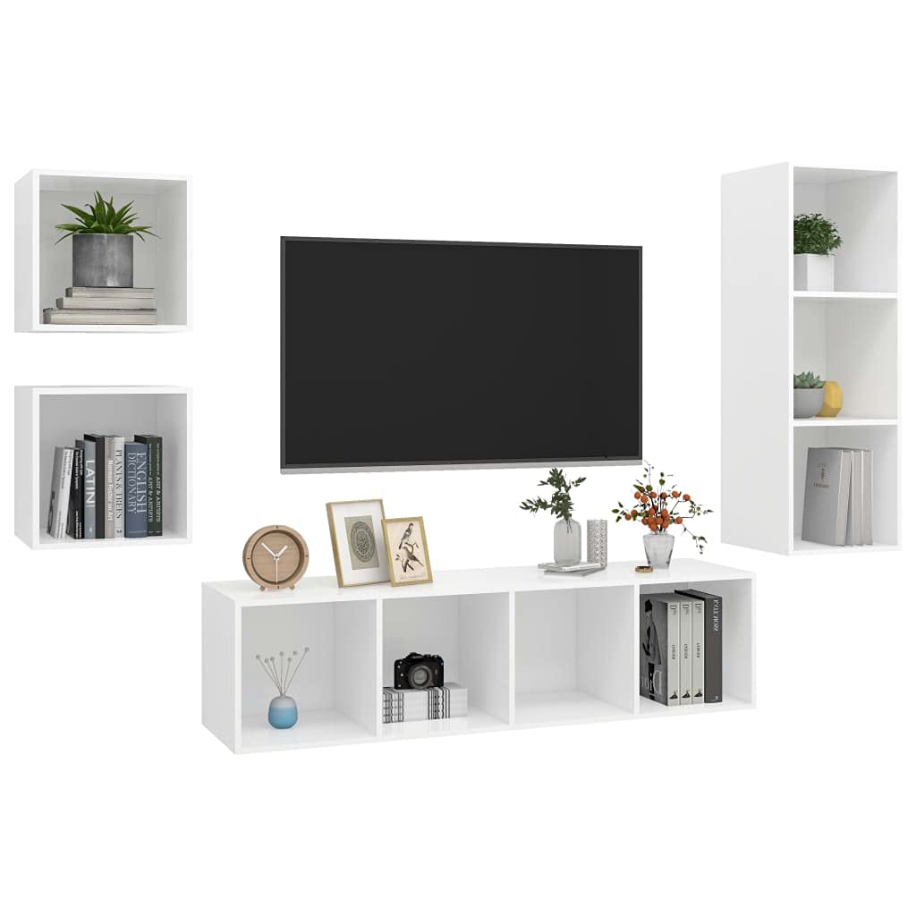 vidaXL TV Cabinet Set 4 Piece Hanging Wall Mount Stand Unit HiFi Stereo Plasma Cabinets Living Room Furniture White Engineered Wood