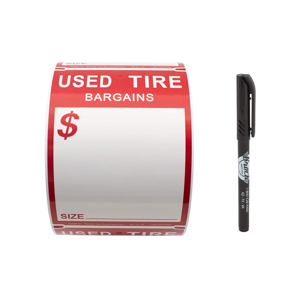 500 Pc Roll Adhesive Used Tire Tag Weather Resistant Polysteel Sticker Label 4' X 5 1/2' Red & White W/Marker For Auto Tire Re