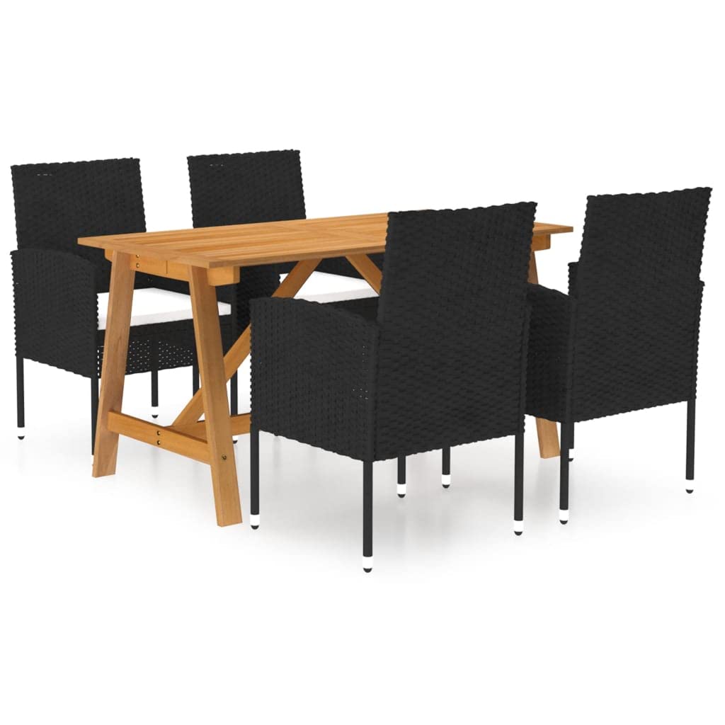 vidaXL Modern Farmhouse 5 Piece Patio Dining Set with Solid Acacia Wood Table and 4 Black PE Rattan Chairs with Cushions