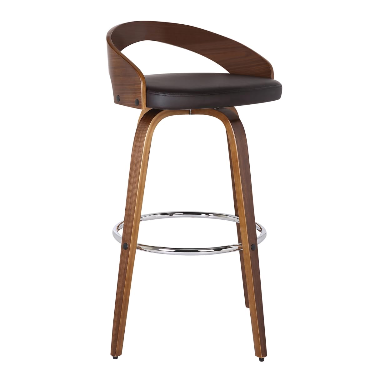 HomeRoots 477081 30 in. Brown Faux Leather & Solid Wood Swivel Low Back Bar Height Bar Chair with Footrest