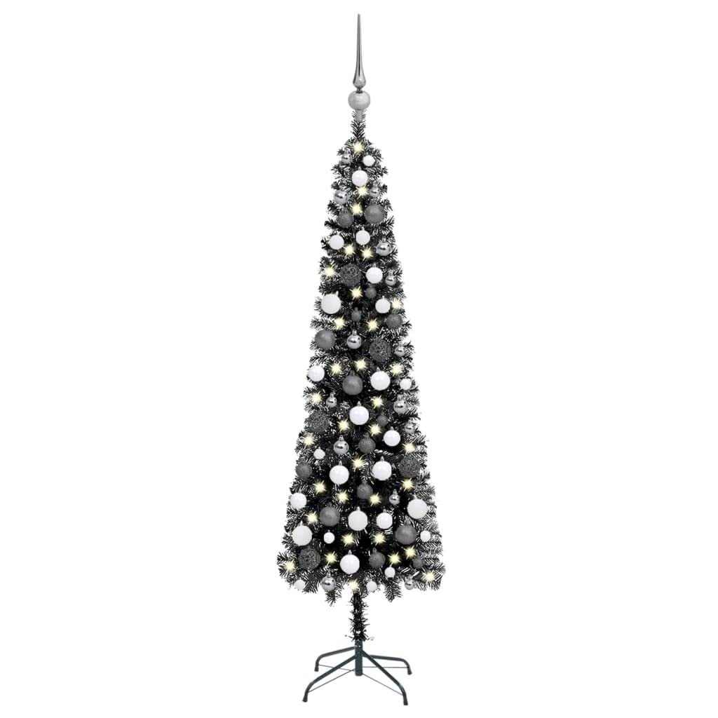 Vidaxl Slim Christmas Tree With Leds And Ball Set Accessory Ornament Festival Holiday Party Home Artificial Tree Xmas Decoration Black