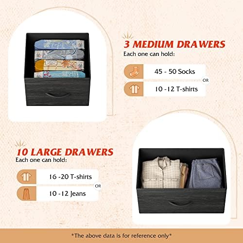 Wlive Tall Dresser For Bedroom With 13 Drawers, Storage Dresser Organizer Unit, Fabric Dresser For Bedroom, Closet, Chest Of Drawers, Steel Frame, Wood Top, Charcoal Black Wood Grain Print