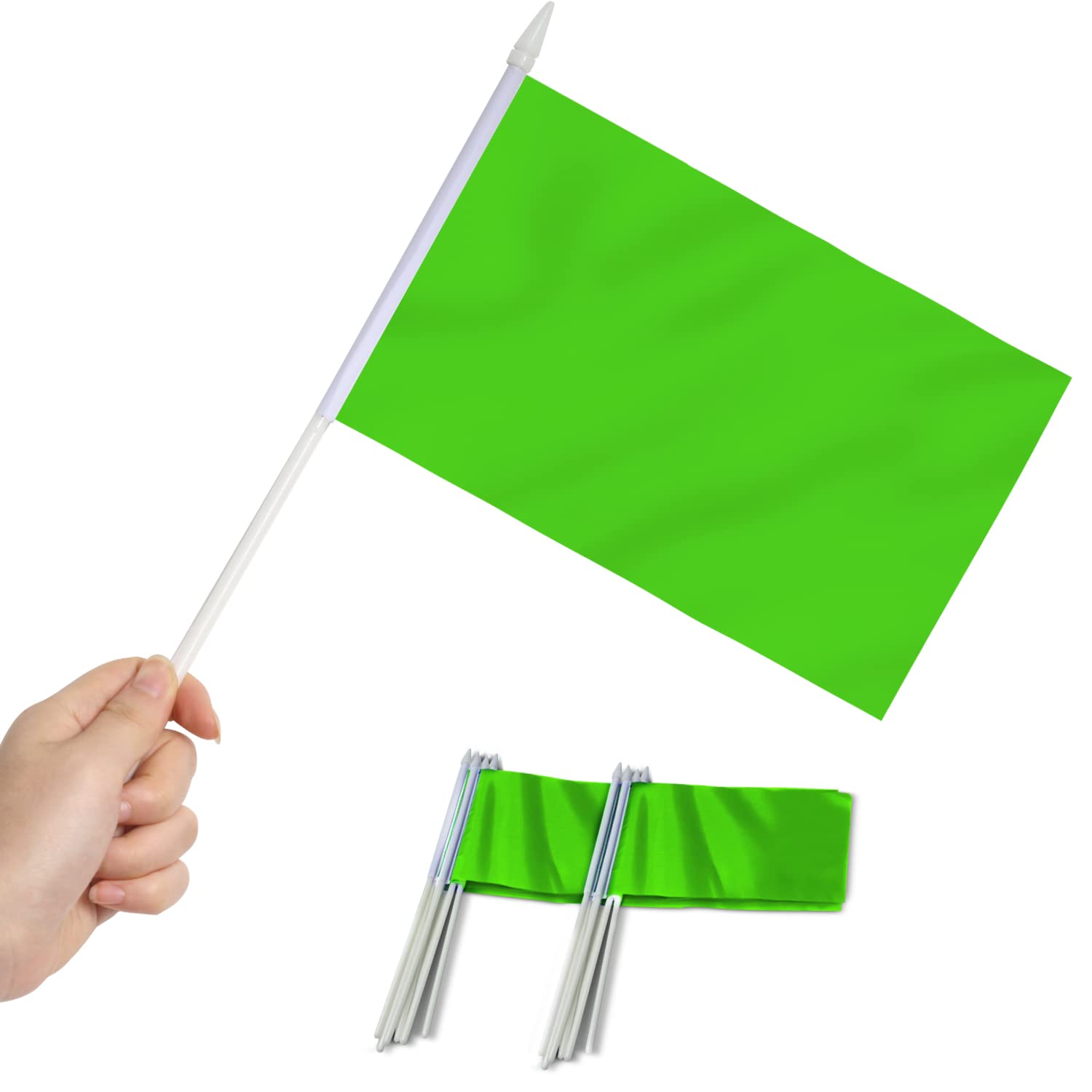 Anley Green Mini Flag 12 Pack - Hand Held Small Miniature Solid Green Blank Flags On Stick - Fade Resistant & Vivid Colors - 5X8