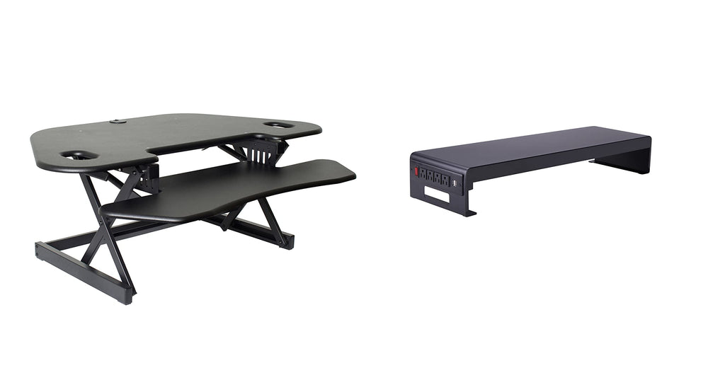 Rocelco 46" Height Adjustable Corner Standing Desk Converter with AC Outlet USB Charger and Dual Stand - Tabletop Computer Riser Workstation - Large Keyboard Tray - Black (R CADRB-46-ACUSB-DMS)