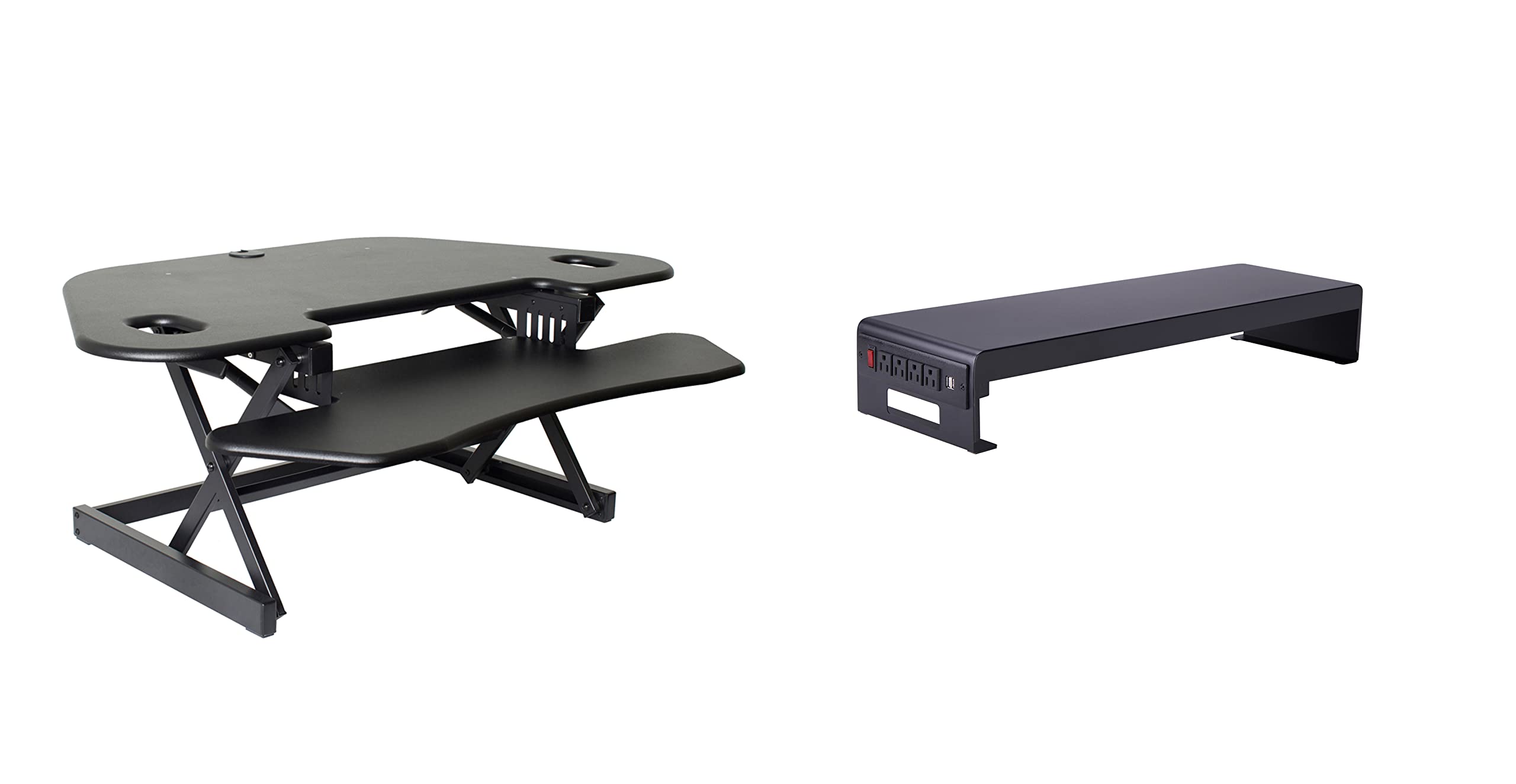 Rocelco 46" Height Adjustable Corner Standing Desk Converter with AC Outlet USB Charger and Dual Stand - Tabletop Computer Riser Workstation - Large Keyboard Tray - Black (R CADRB-46-ACUSB-DMS)