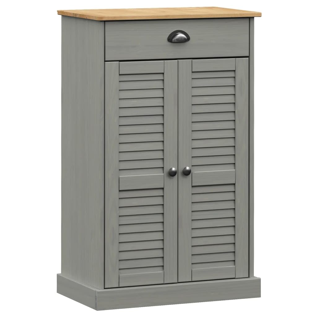 vidaXL VIGO Gray Shoe Cabinet - Solid Pine Wood Shoe Cupboard with Shutter Doors & Storage Drawer - 23.6&quot;x13.8&quot;x37.8&quot; for Home Decor