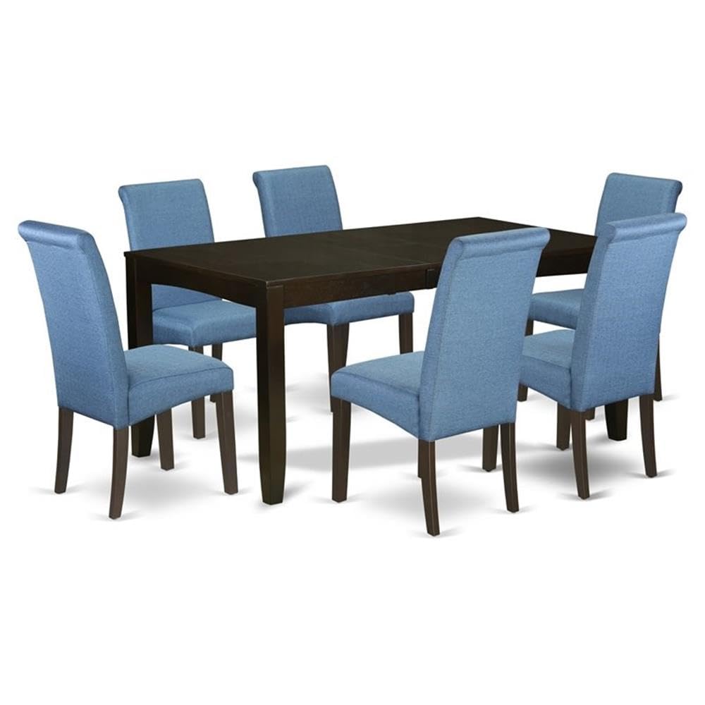 East West Furniture Lyba7-Cap-21 7 Piece Dinette Set Consist Of A Rectangle Dining Room Table With Butterfly Leaf And 6 Blue Color Linen Fabric Upholstered Chairs, 36X66 Inch, Cappuccino