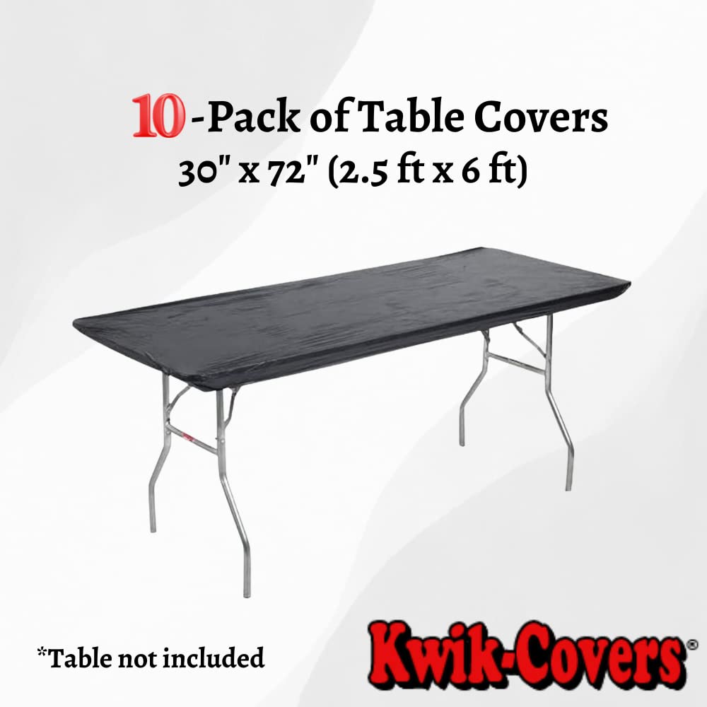 Kwik-Covers Rectangular Plastic Table Covers Bundle Of 10 With One Hundred Forty (140) Ohm Commerce Paper Napkins - Indoor Or Outdoor Fitted Table Covers (Table Not Included) (30X72 10 Pack, Black)
