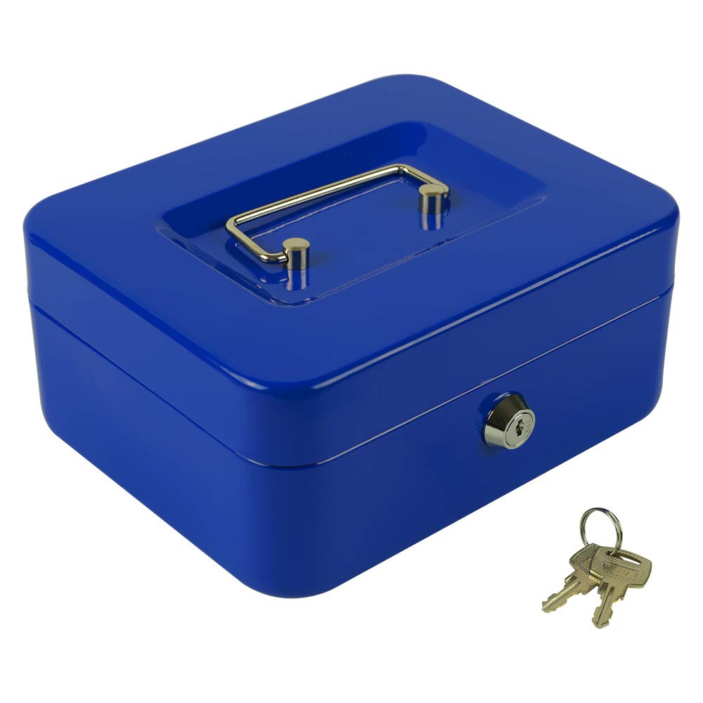 Kyodoled Cash Box With Money Tray,Storage Safe Lock Box With Key,Cash Drawer,7.87'X 6.30'X 3.54' Blue Medium