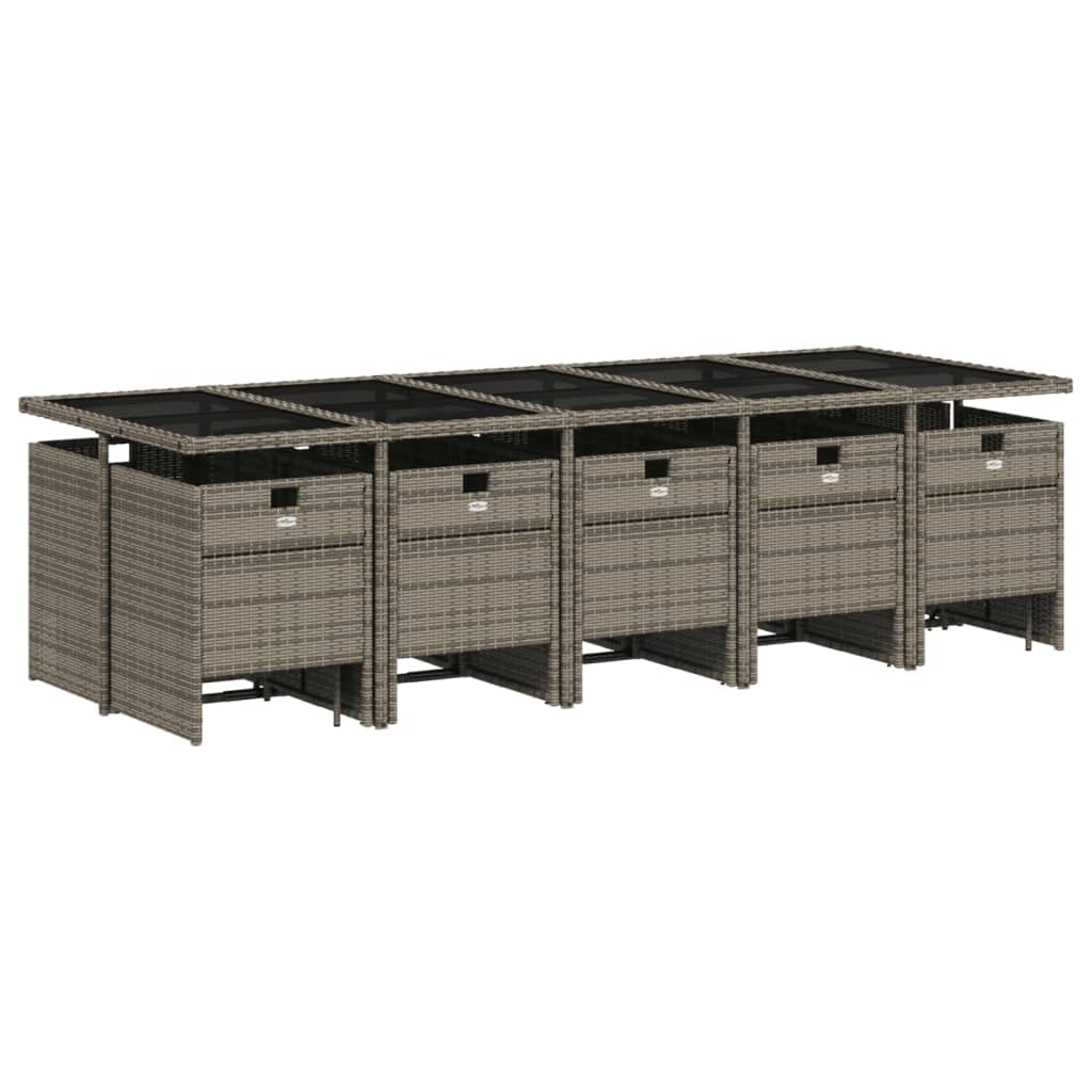 vidaXL - 15-Piece Patio Dining Set with Cushions - Gray Poly Rattan Garden Furniture, Tempered Glass Tabletop, Foldable Chairs and Stools - Outdoor, Backyard, Garden, Deck, Lounge Area