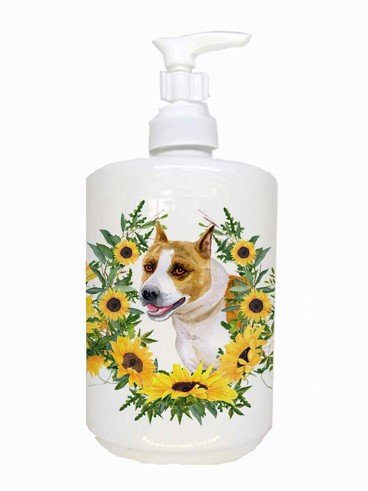 Caroline's Treasures CK2836SOAP American Staffordshire in Sunflowers Ceramic Soap Dispenser Hand Soap Dispenser Pump Bottles for
