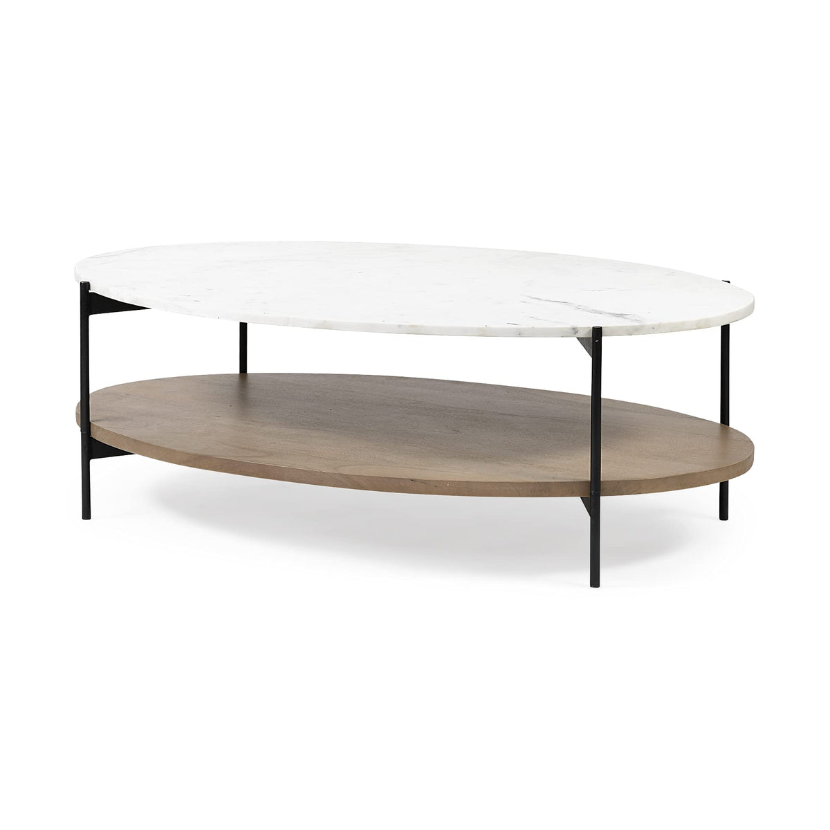 HomeRoots Brown Oval White Marble Top and Black Metal Base Coffee Table w/Wood Shelf