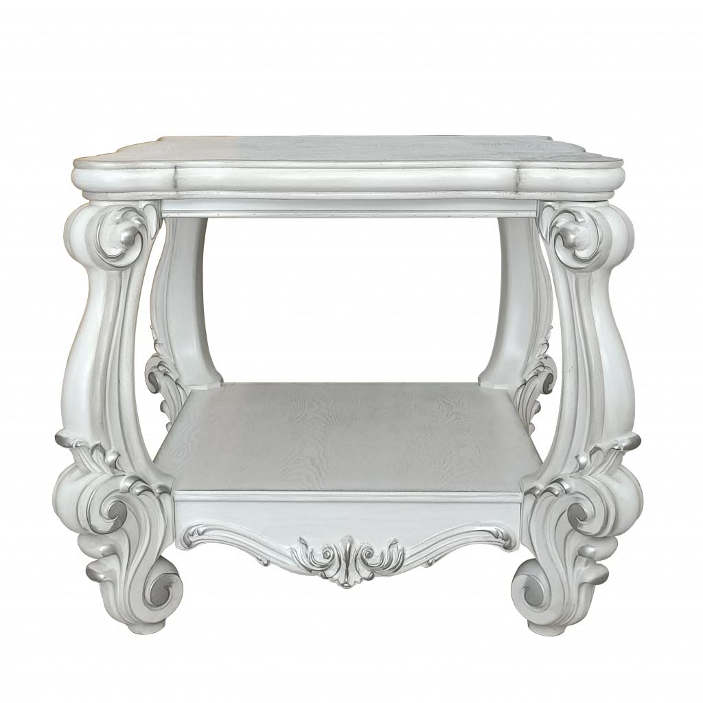 HomeRoots Bone White 26' Antiqued White Manufactured Wood Square Scroll End Table with Shelf