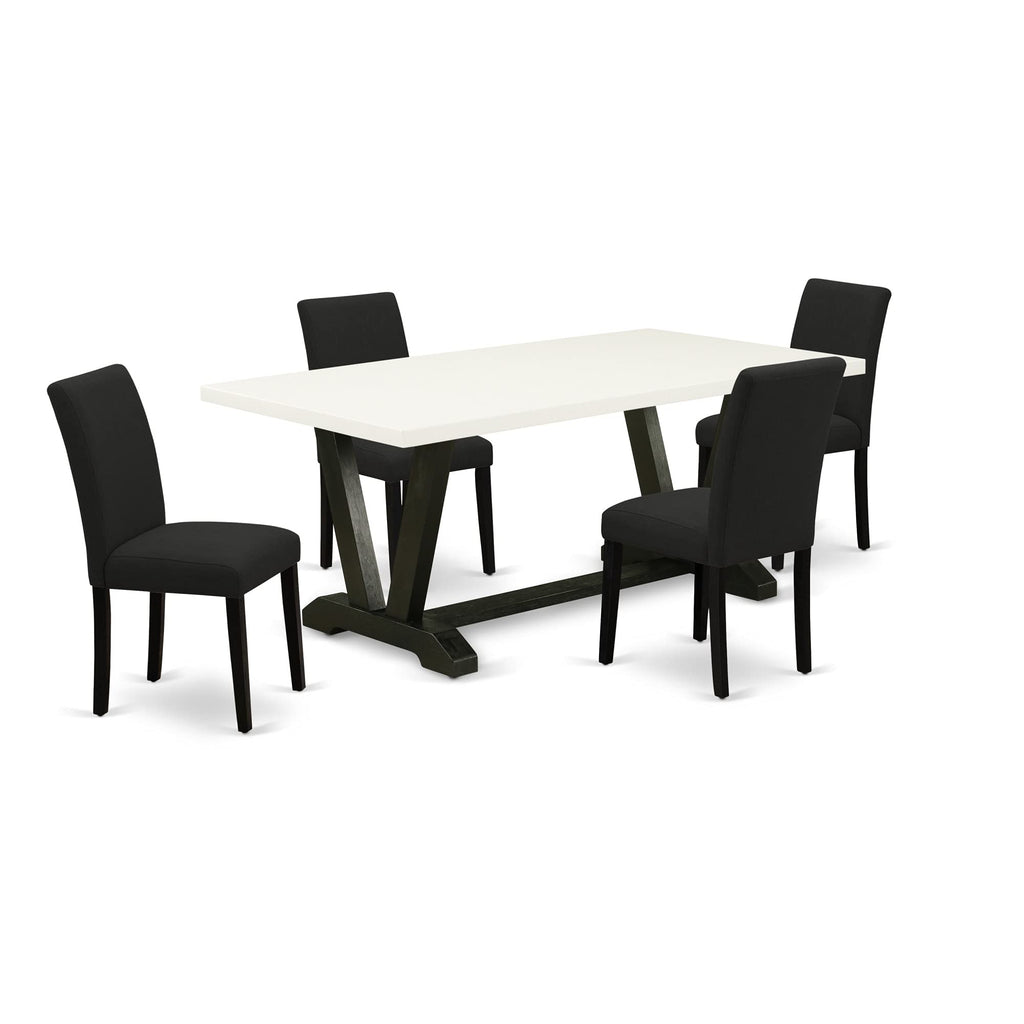East West Furniture V-Style 5 Piece Set Includes A Rectangle Dining Room Table With V-Legs And 4 Black Linen Fabric Upholstered Parson Chairs, 40X72 Inch, Multi-Color