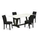 East West Furniture V-Style 5 Piece Set Includes A Rectangle Dining Room Table With V-Legs And 4 Black Linen Fabric Upholstered Parson Chairs, 40X72 Inch, Multi-Color