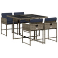 vidaXL Patio Dining Set with Cushions - 5-Piece, Gray Poly Rattan, Garden Furniture, Compact Storage, UV-Resistant, Outdoor Tempered Glass Table, Easy Assembly