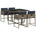 vidaXL Patio Dining Set with Cushions - 5-Piece, Gray Poly Rattan, Garden Furniture, Compact Storage, UV-Resistant, Outdoor Tempered Glass Table, Easy Assembly