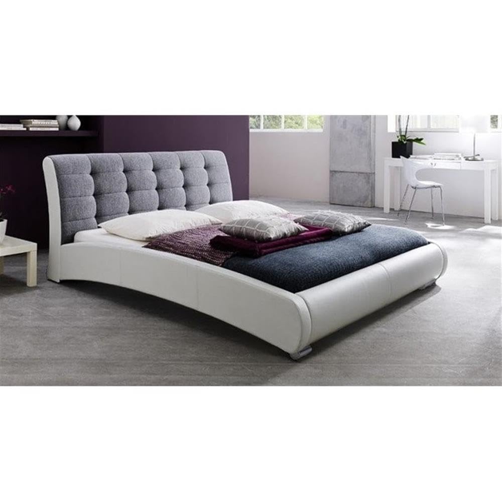 Baxton Studio Guerin Contemporary Faux Leather Fabric Two Tone Upholstered Grid Tufted Platform BedGrey, Queen, White/Grey