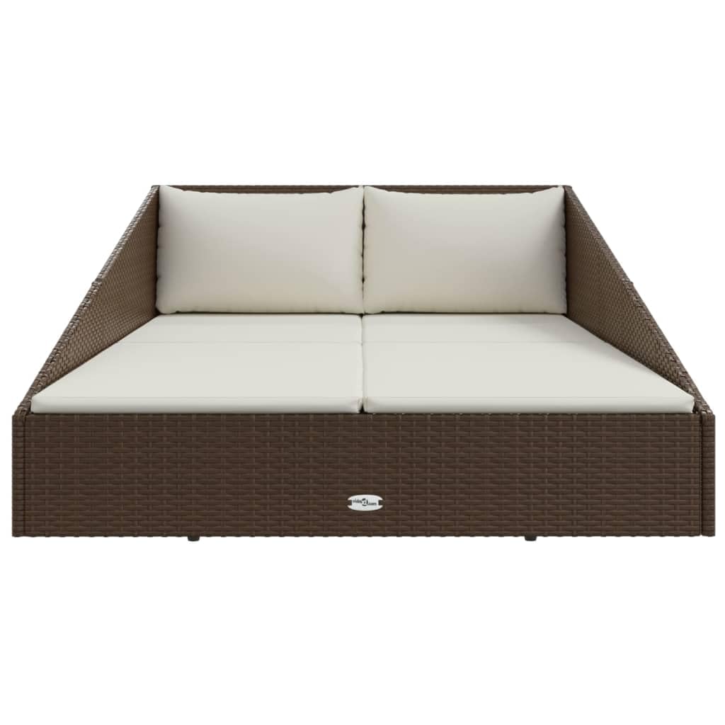 vidaXL Poly Rattan Garden Bed - Brown Outdoor Daybed with Cream White Seat Cushions and Pillows, Weather Resistant Material, Suitable for Patio or Poolside