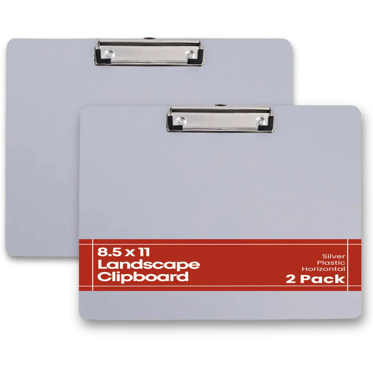 1Intheoffice Landscape Clipboard, Horizontal Clipboard, 8 1/2' X 11' - Plastic - Silver, 2 Pack