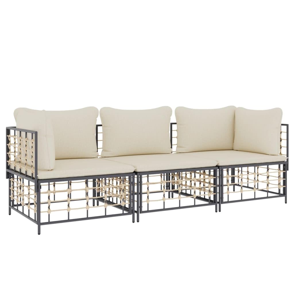 vidaXL 3 Piece Patio Lounge Set - Outdoor Poly Rattan with Cushions, Anthracite and Beige Colour, Modular Design, Steel Frame