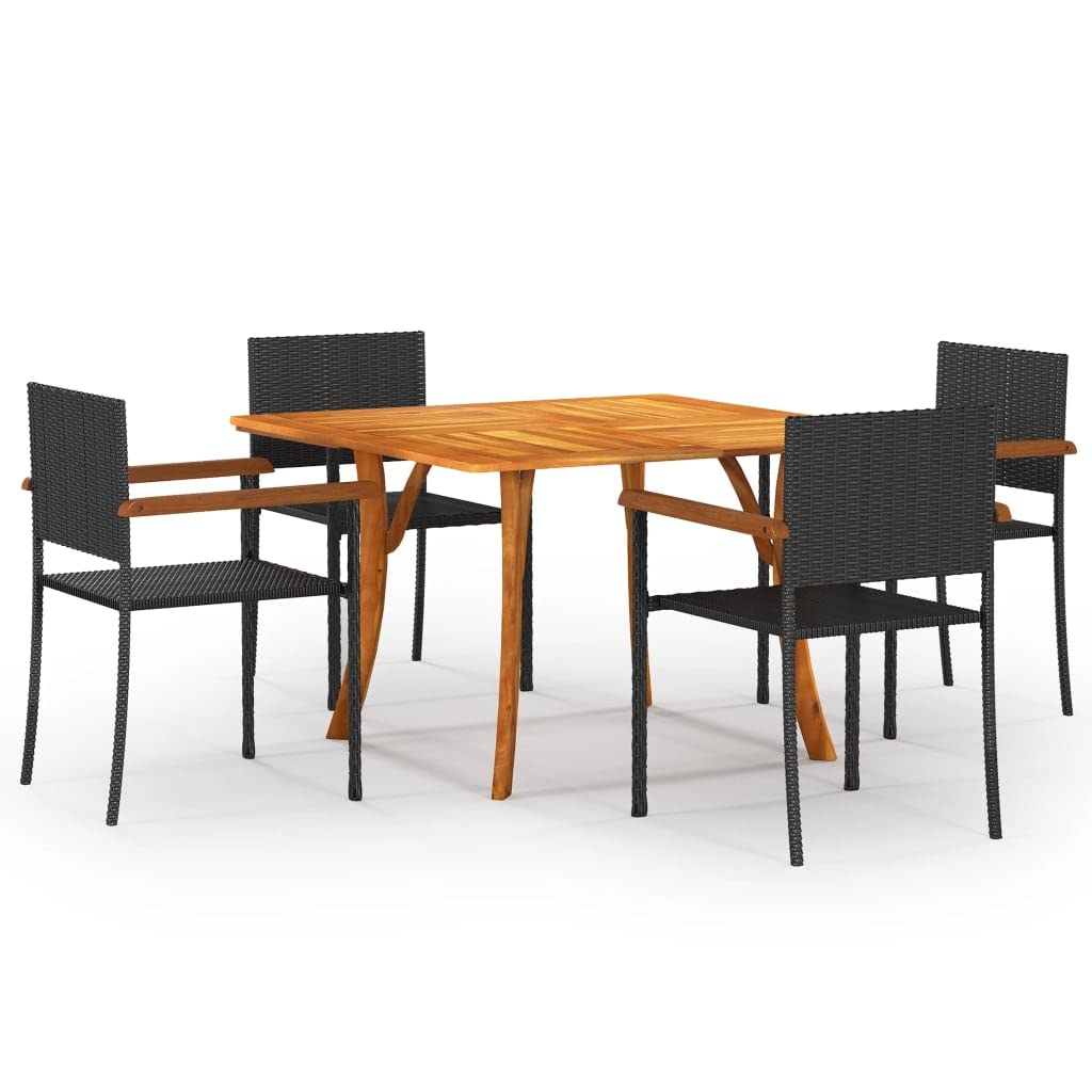 vidaXL 5-Piece Patio Dining Set in Black - Solid Acacia Wood and PE Rattan Furniture for Patio, Garden, and Outdoor Dining