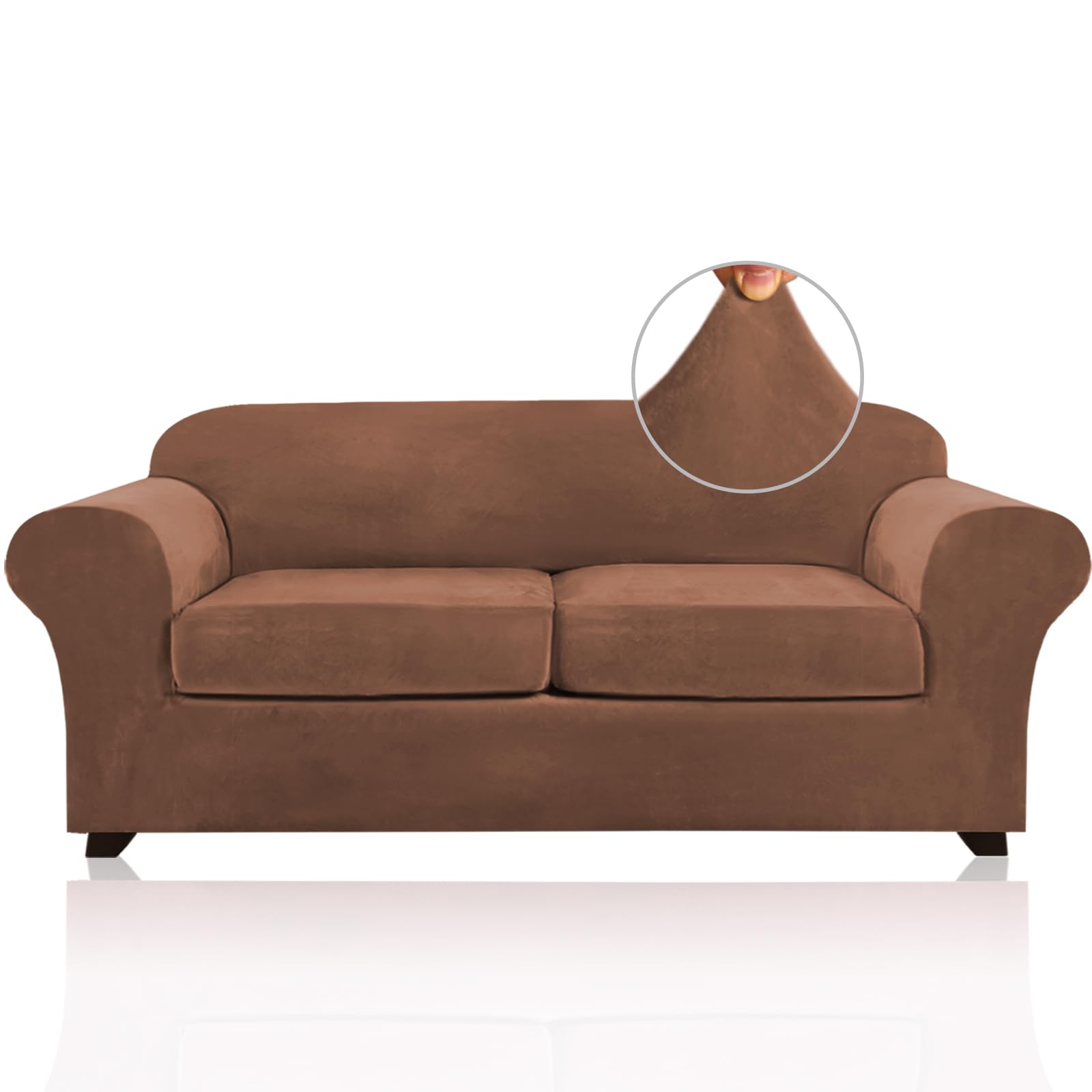 Princedeco 3 Pieces Sofa Covers Velvet Couch Covers For 2 Cushion Sofa Soft Sofa Covers For 2 Cushion Couch Width Up To 90 Inch Feature Thick Soft Stay In Place(Medium-Large, Caramel)