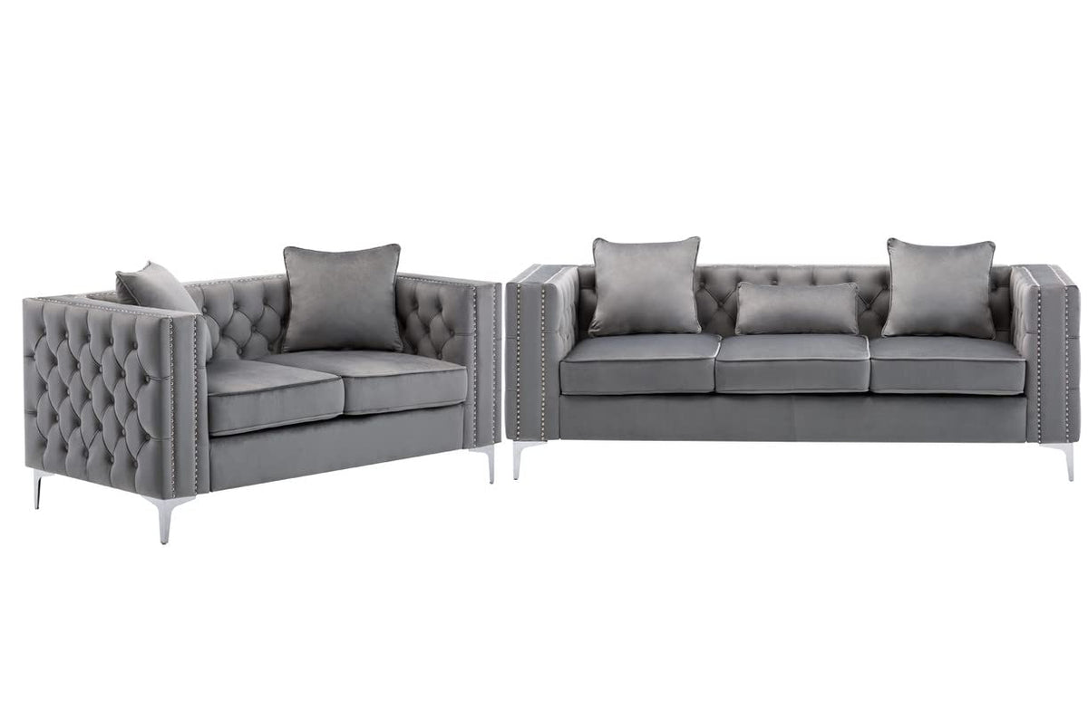 Lilola Home Lorreto Gray Velvet Fabric Sofa Loveseat Living Room Set