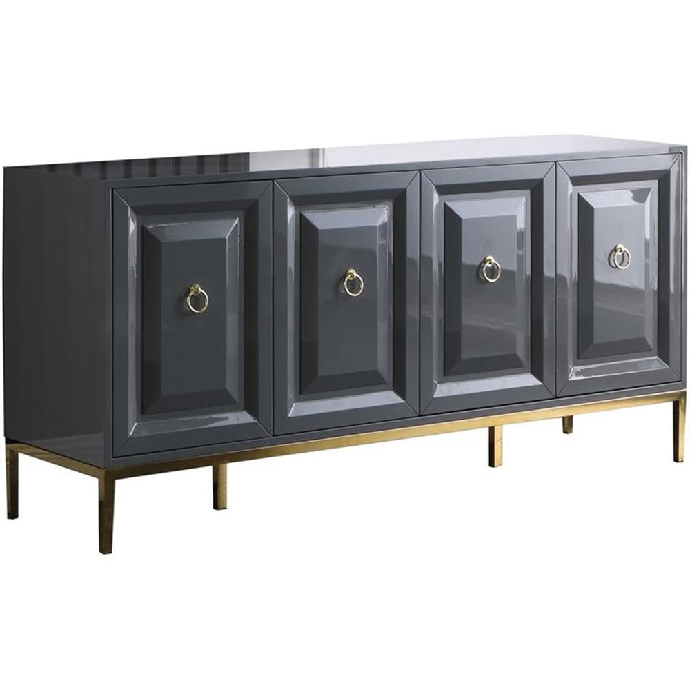 Best Master Furniture Tatiana High Gloss Lacquer Sideboard/Buffet With Gold Trim, Grey