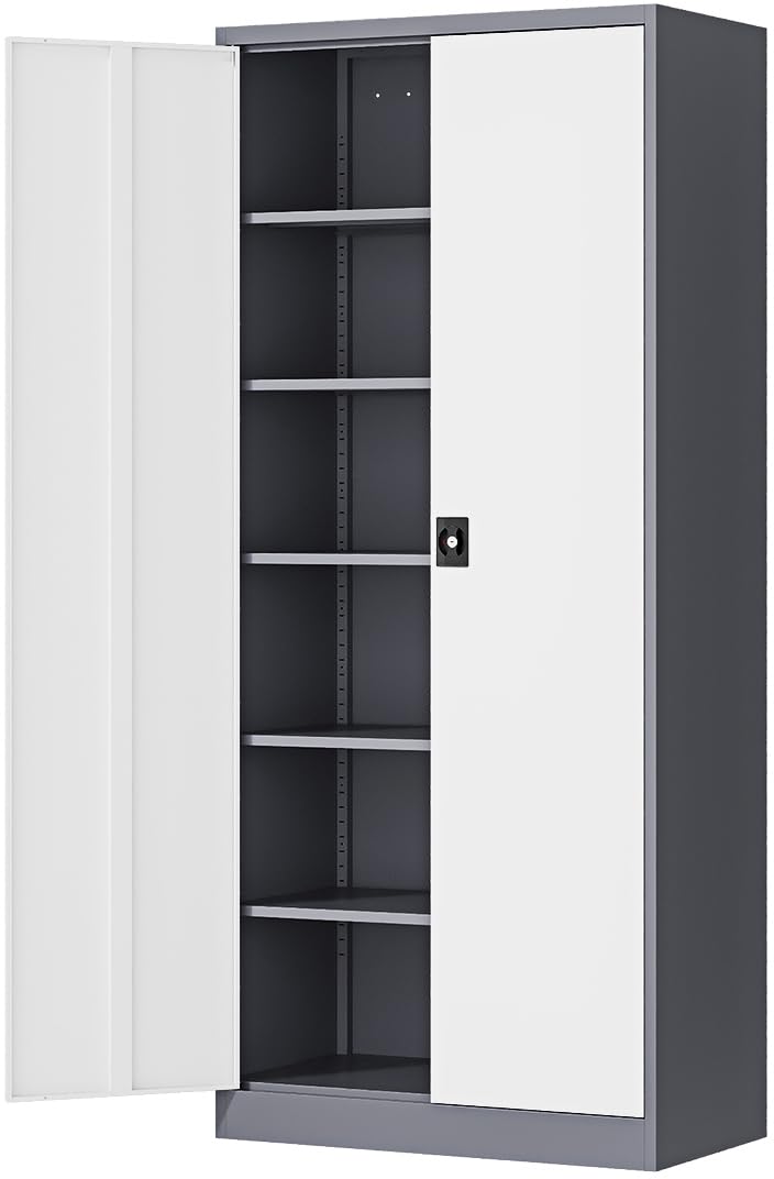 Fesbos Metal Storage Cabinet-71” Tall Steel File Cabinets With Lockable Doors And Adjustable Shelves-Gray&White Steel Storage Cabinet For Home,Kitchen, School, Office, Garage