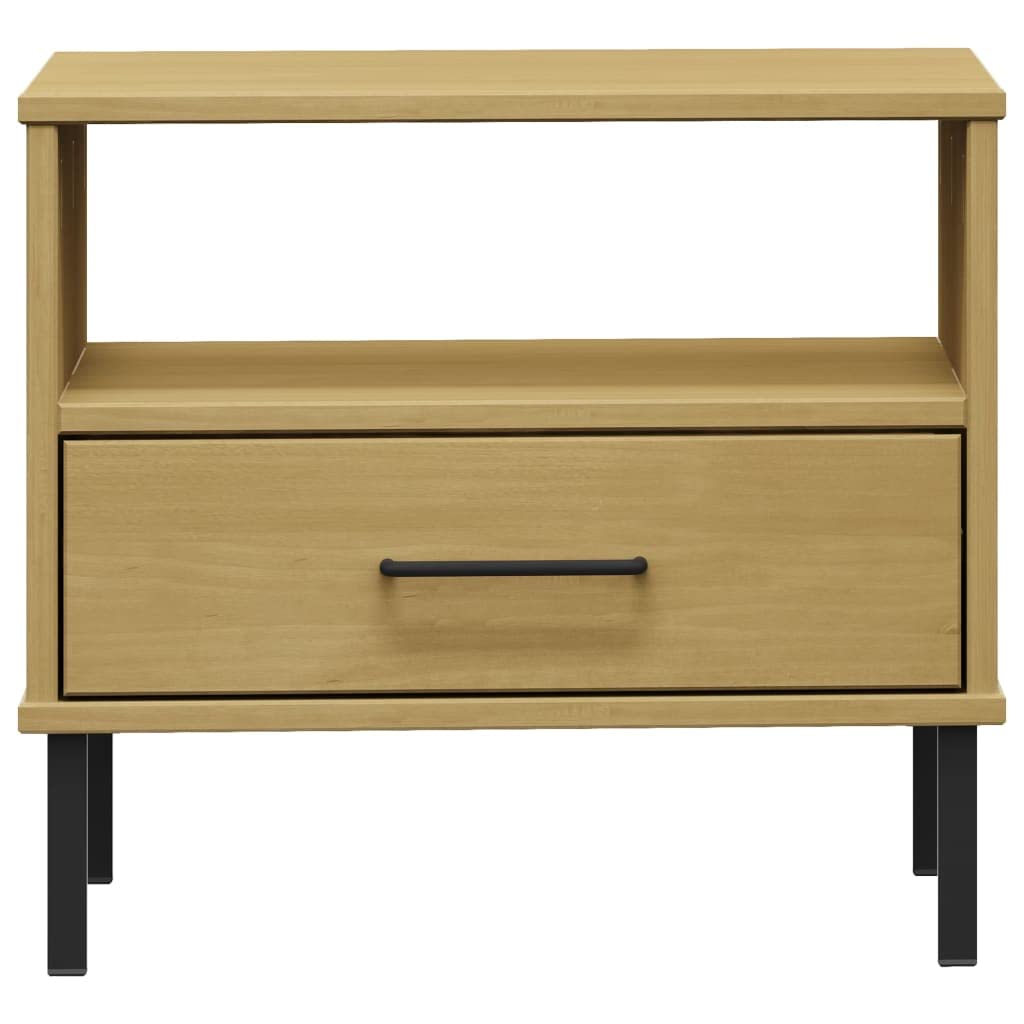 vidaXL Solid Pine Wood Nightstand with Metal Legs, Brown, 19.7”-inch Square Top, Rustic Style with Drawer and Open Compartment for Storage, Sturdy Assembly Bedside Table