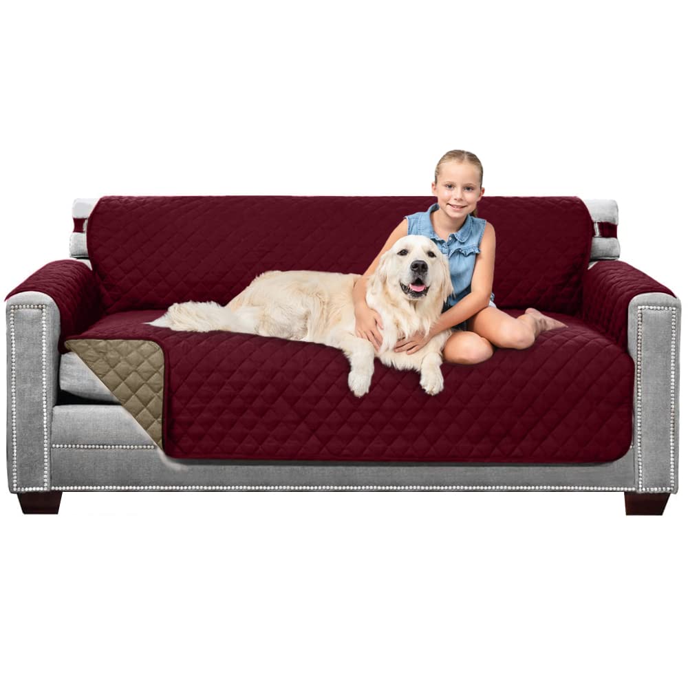 Sofa Shield Patented Couch Slip Cover, Large Cushion Protector, Reversible Stain And Dog Tear Resistant Slipcover, Quilted Microfiber 70” Seat, Washable Covers For Dogs Pets Kids, Burgundy Tan