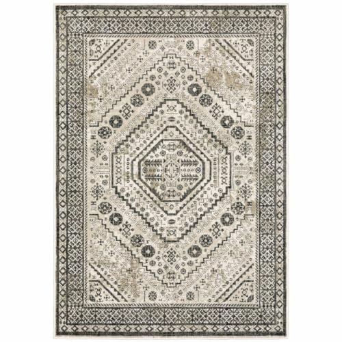 HomeRoots 508983 8 x 10 ft. Ivory Gray Black & Ivory Oriental Power Loom Stain Resistant Rectangle Area Rug