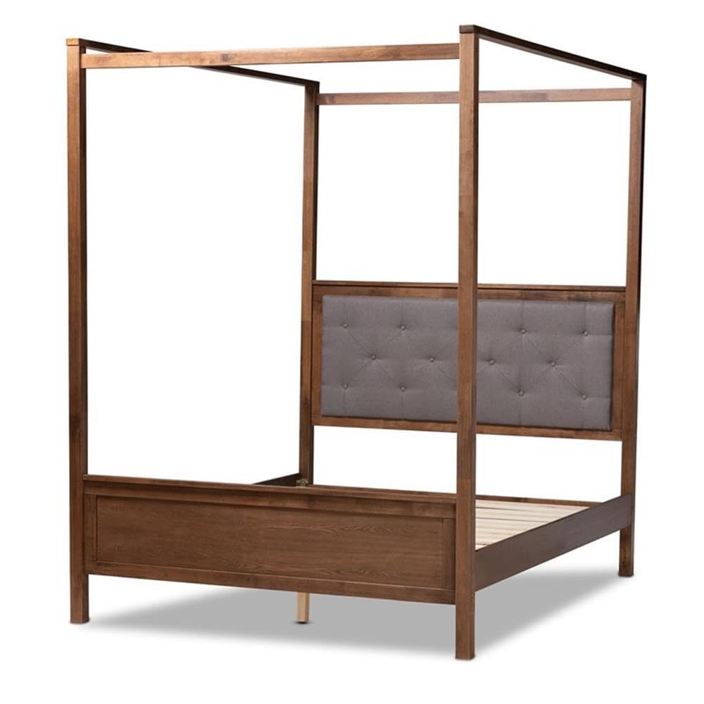 Baxton Studio Natasha King Size Grey Upholstered Walnut Finished Canopy Bed
