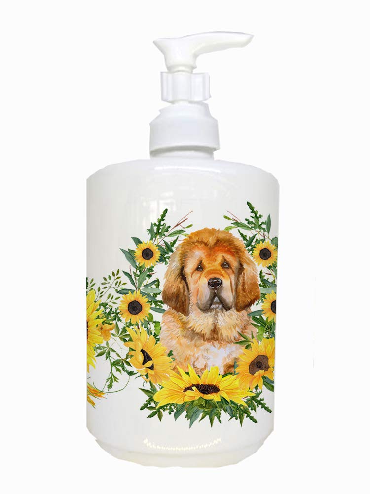 Caroline's Treasures CK2913SOAP Tibetan Mastiff in Sunflowers Ceramic Soap Dispenser Hand Soap Dispenser Pump Bottles for Bathro