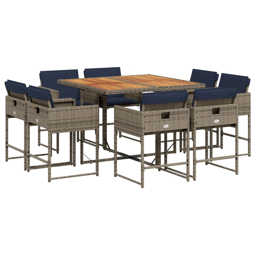 vidaXL Patio Dining Set with Cushions - Outdoor Furniture 9 Piece Gray Poly Rattan - Rectangular Table with Acacia Wood Top - Foldable Chairs for Compact Storage - UV & Weather Resistant