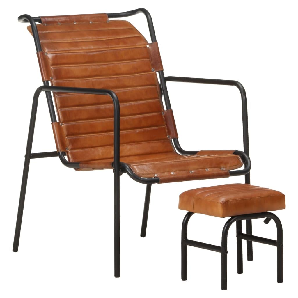 vidaXL Vintage-Style Relaxing Armchair with Footrest in Brown Real Leather, Comfortable Seat and Backrest, Durable and Easy-to-M