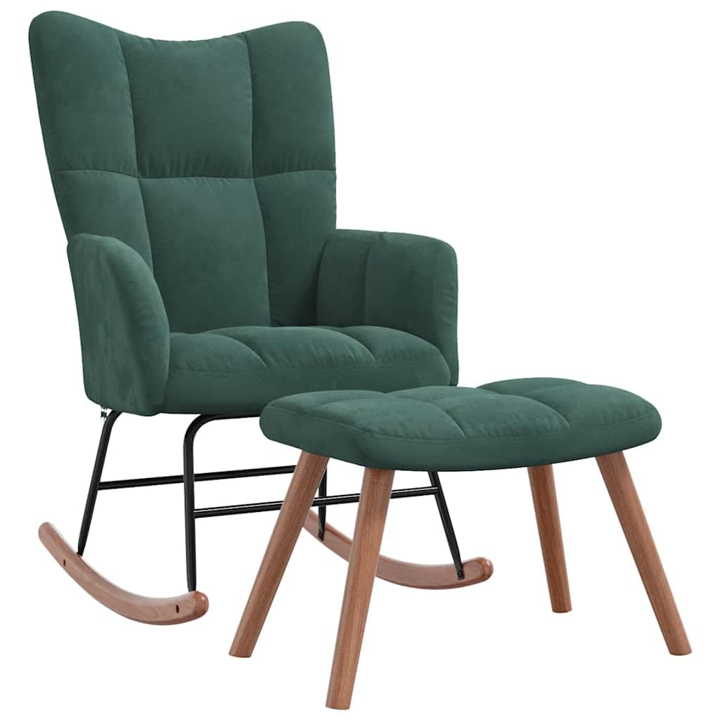 vidaXL Velvet Rocking Chair Set with Stool, Dark Green- Modern Design Lounge Seating Furniture with Steel Frame & Wooden Rails