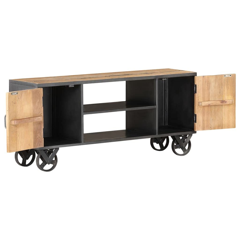 vidaXL Reclaimed Solid Wood TV Stand - Industrial Style Media Unit with Steel Frame, Two Doors and Shelves, Flexible Black Wheels - Size: 43.3&quot;x11.8&quot;x19.3&quot;