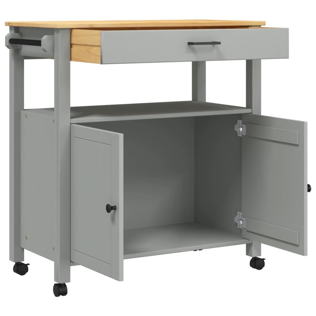 vidaXL Kitchen Trolley Solid Pine Gray Honey Wax Finish - Multipurpose Rolling Storage Cart with Drawer, Cabinet, Hanger & Hooks