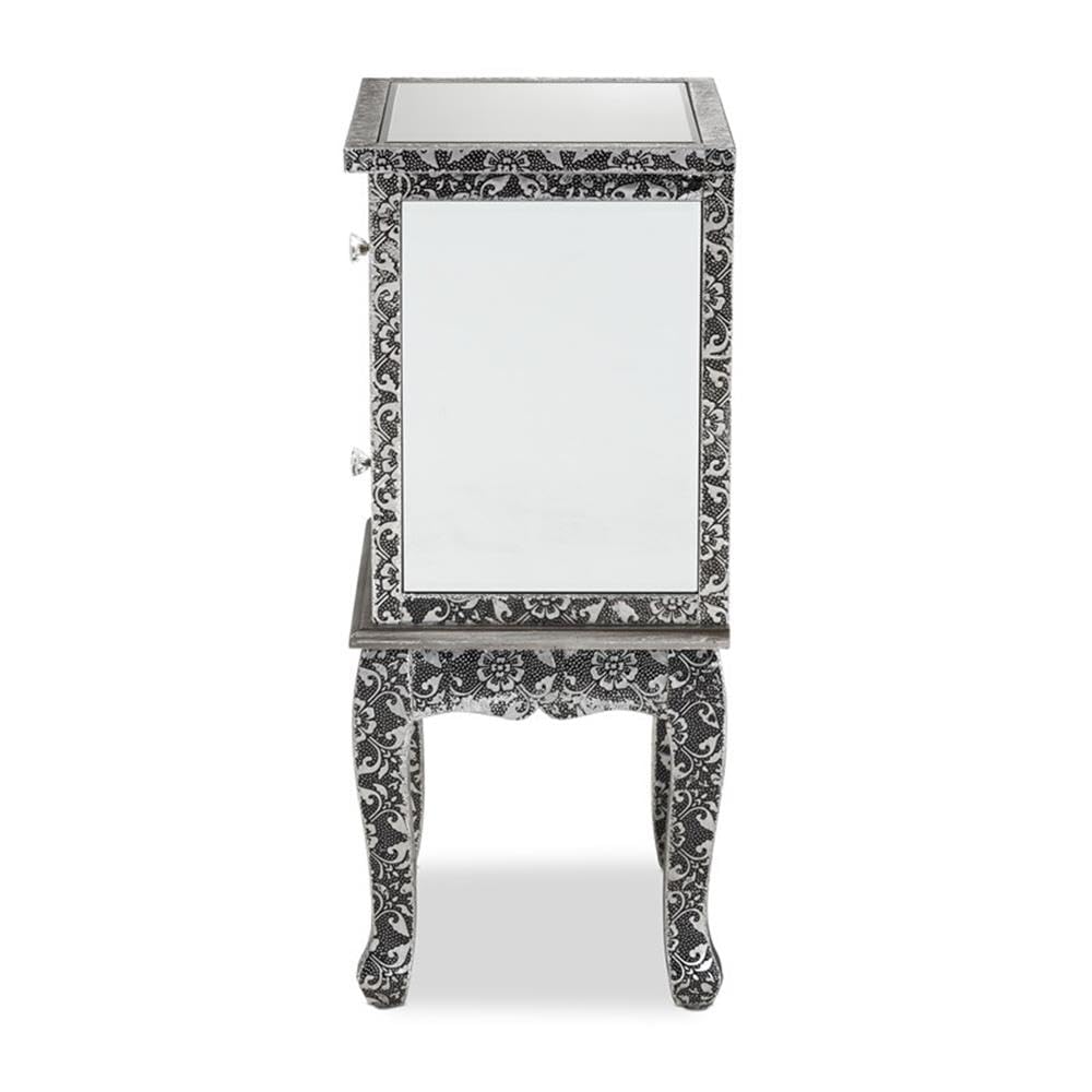 Baxton Studio Wycliff Industrial Glam and Luxe Silver Finished Metal and Mirrored Glass 2-Drawer Nightstand