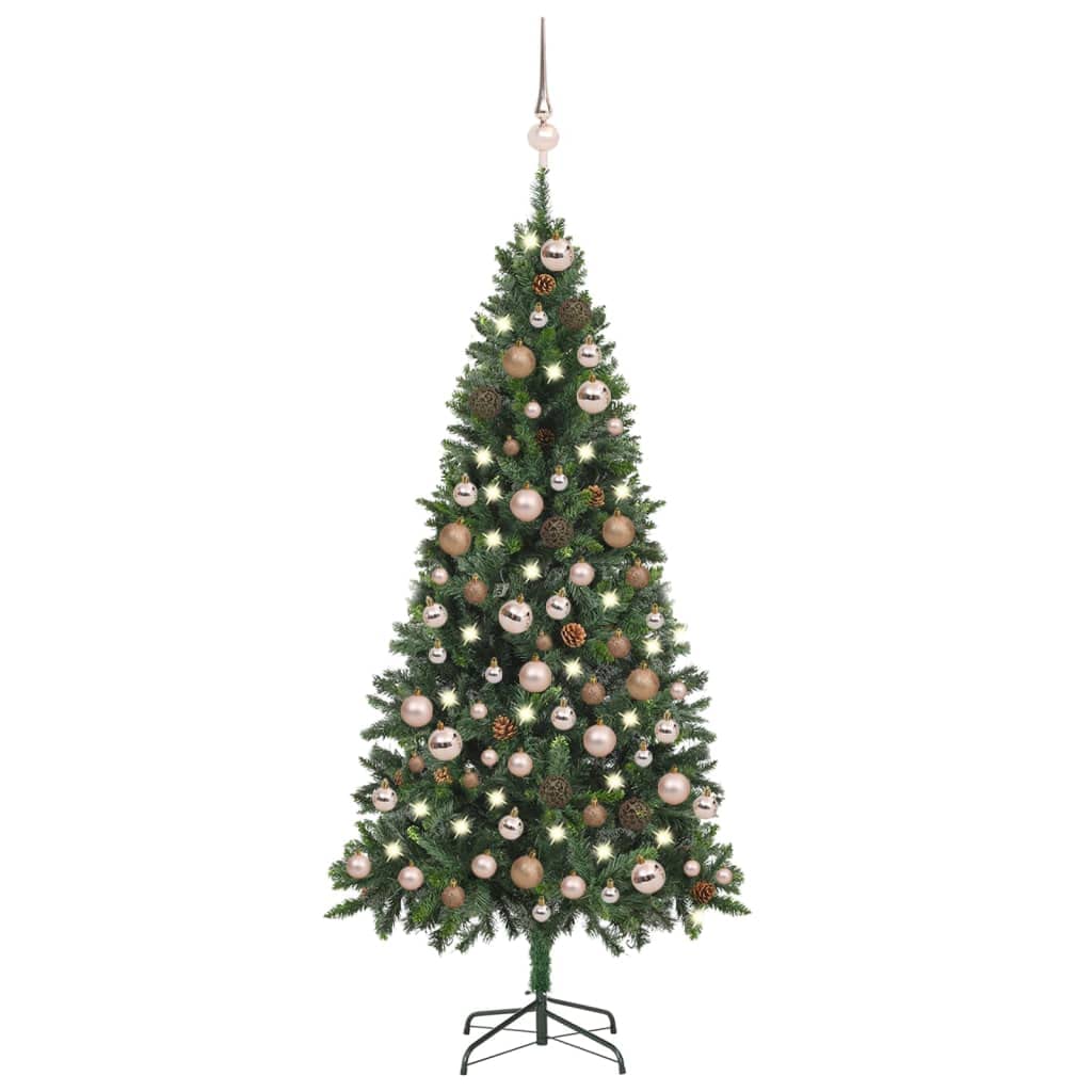 Vidaxl Artificial Pre-Lit Christmas Tree With Led Lights, Pine Cones, Rose Gold Balls, And Iron Base - 70.9&quot; Green Xmas Tree