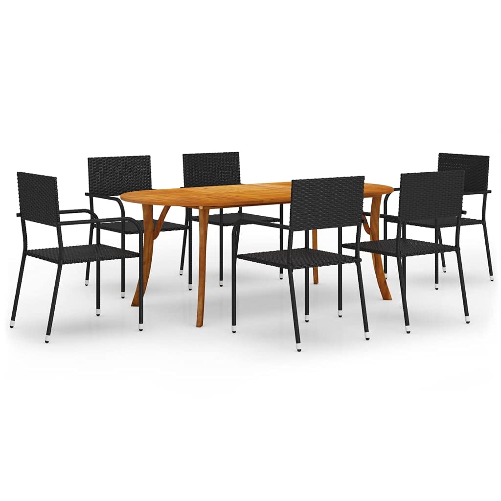 vidaXL Modern 7 Piece Patio Dining Set with Solid Acacia Wood Table and PE Rattan Chairs in Black