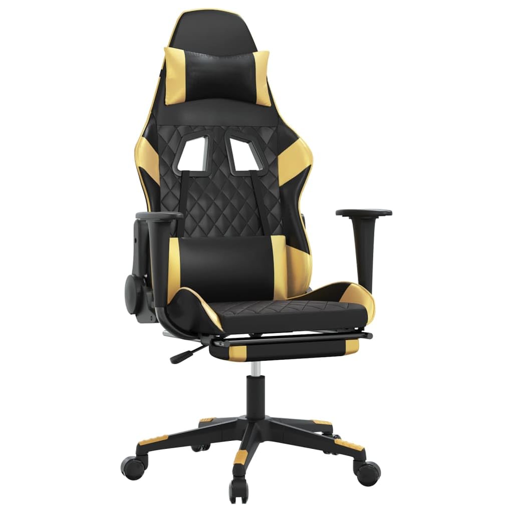 vidaXL Adjustable Gaming Chair with Footrest - Black and Gold Faux Leather Upholstery - with Rolling Castors and 360-degree Swivel - Sturdy Metal, Plywood Construction and Foam Filling
