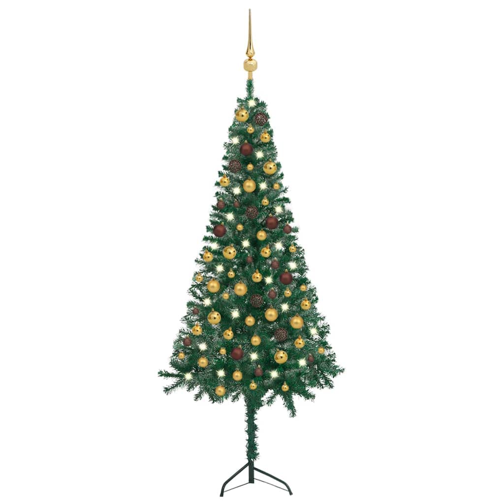 Vidaxl Corner Artificial Christmas Tree With Leds & Ball Set, Green Pvc, 59.1&quot; With Energy-Efficiency Lights & Steel Stand For Stability